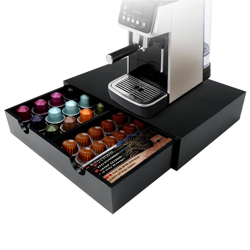 KISENG Coffee Pod 15" X 11" X 3" Natural Wood Countertop Organizer Drawer, Counter Top Espresso Tea Bag Station Storage Holder Box, Black - Image 1
