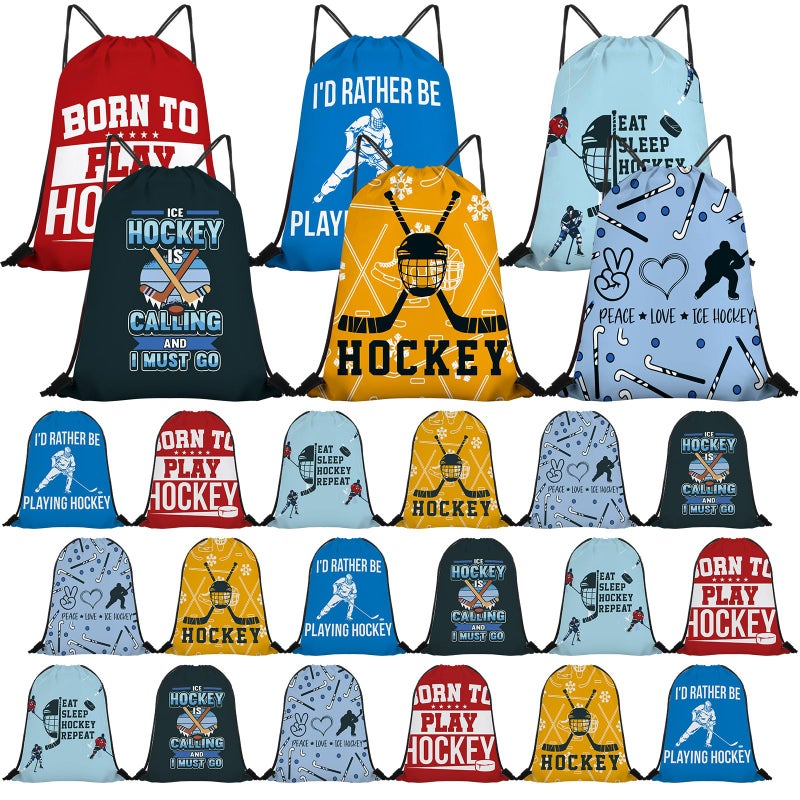 SilTriangle 24 Pcs Hockey Drawstring Bags Bulk 16 x 14 Inch Lightweight Sports Sack with Adjustable String Closure Gift Bags for Hockey Player Party Favors & Goodie for Sport Theme Event & Celebration - Image 1