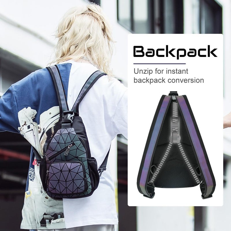 PYFK Geometric Backpack Luminous Holographic Purse Color Changes Flash Reflective Bag For Cycling Fashion Sling Bag for Women(Prism) - Image 4
