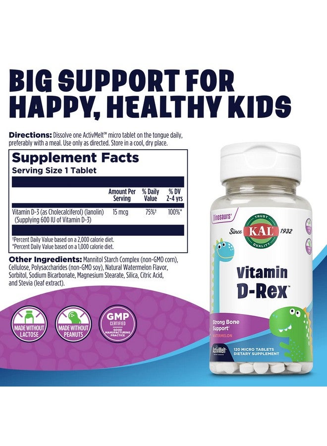 KAL Vitamin D-Rex, Kids Vitamin D, Natural Watermelon Flavor Instant Dissolve Melts, Immune, Heart, Bone, and Oral Health Support, 120 Servings, 120 Micro Tablets - Image 2