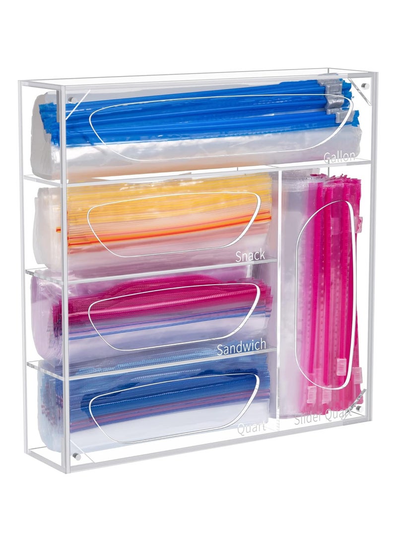 TPGP Food Bag Storage Organizer, Acrylic Baggie Organizer, Plastic Food Freezer Bag Dispenser Holder, Compatible With Gallon, Sandwich, Snack, and Slider Quart Bags, 5 Slots, Clear - Image 1