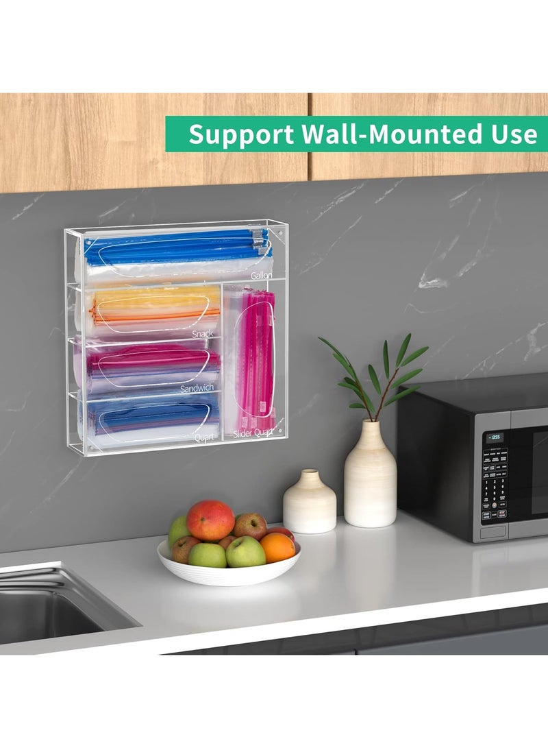 TPGP Food Bag Storage Organizer, Acrylic Baggie Organizer, Plastic Food Freezer Bag Dispenser Holder, Compatible With Gallon, Sandwich, Snack, and Slider Quart Bags, 5 Slots, Clear - Image 2