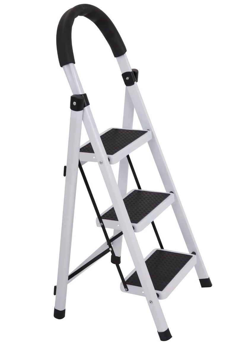Ladder 3 Step Foldable Metal Step White Clr 110x42cm Anti Slip Wide Pedals Safety Lock Tool Tray Compact Utility Ladder for Home Kitchen Office Use