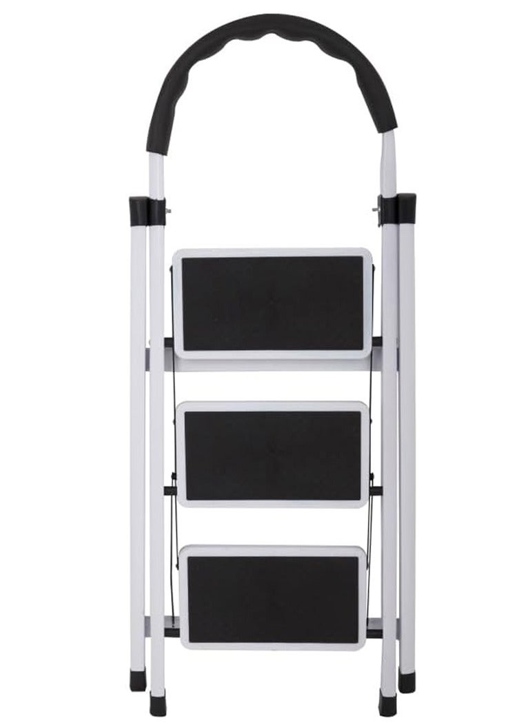 AL QADAH Ladder 3 Step Foldable Metal Step White Clr 110x42cm Anti Slip Wide Pedals Safety Lock Tool Tray Compact Utility Ladder for Home Kitchen Office Use  - Image 2