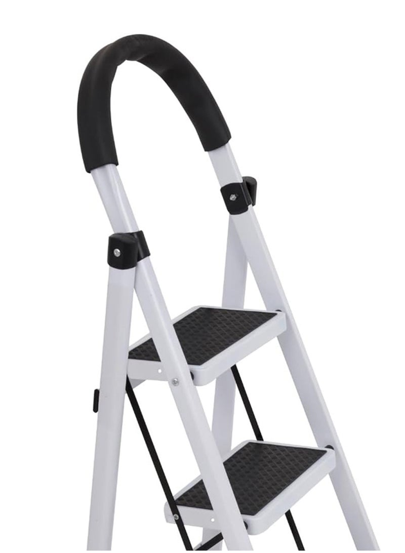 AL QADAH Ladder 3 Step Foldable Metal Step White Clr 110x42cm Anti Slip Wide Pedals Safety Lock Tool Tray Compact Utility Ladder for Home Kitchen Office Use  - Image 4