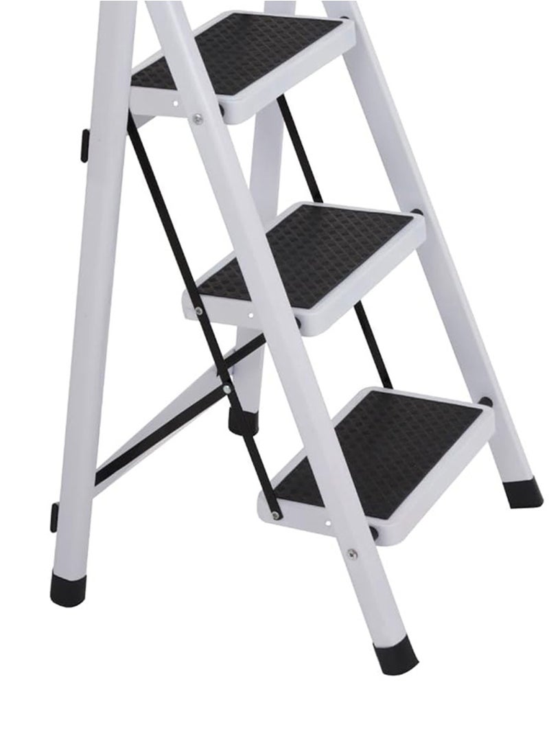 AL QADAH Ladder 3 Step Foldable Metal Step White Clr 110x42cm Anti Slip Wide Pedals Safety Lock Tool Tray Compact Utility Ladder for Home Kitchen Office Use  - Image 5