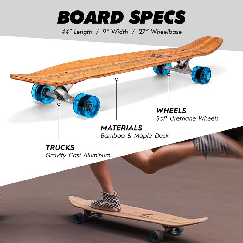 Magneto Kicktail Cruiser Longboard Skateboard - Adult Skate for Commuting & Carving - Smooth 78A Wheels for Cruiser Skateboard - Bamboo Longboard Construction with Maple Core - 44" x 9", Blue - Image 2