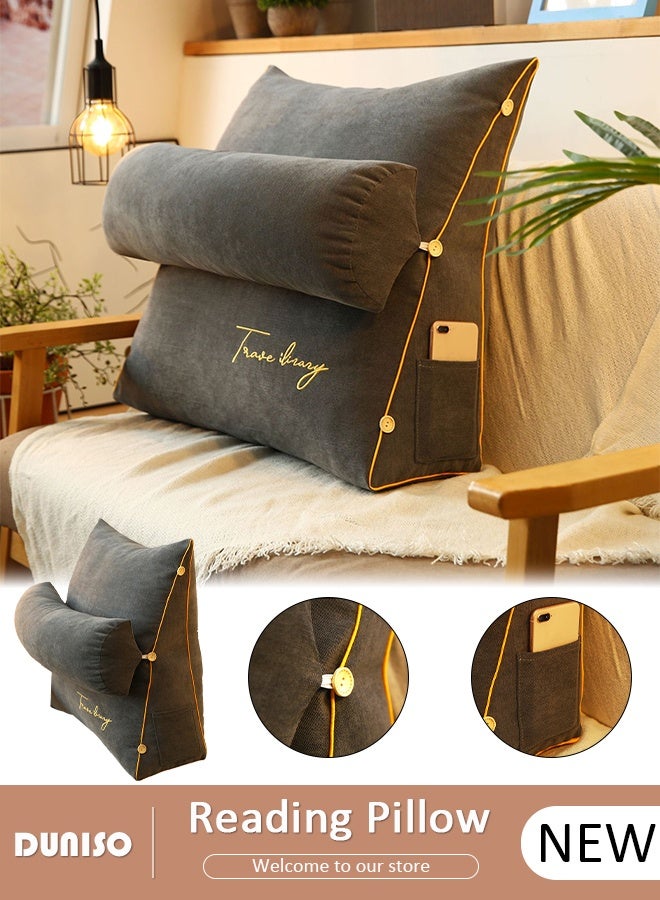 DUNISO وسادة قراءة، وسادة كبيرة للراحة مع لفة عنق قابلة للفصل، مسند ظهر مع ذراعين، جيوب وغلاف قابل للغسل، للجلوس في السرير أو الأريكة - وسادة مسند ظهر للقراءة للبالغين، وسائد للقراءة، مشاهدة التلفاز، الألعاب، الاسترخاء - Image 1