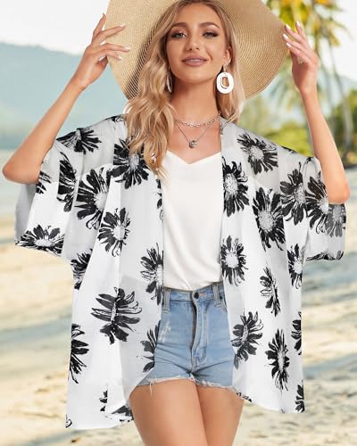 CHICGAL Women Daisy Kimono Cardigan Sheer Beach Coverup Chiffon Loose Casual Open Front Tops (Dasiy WhiteM) - Image 3