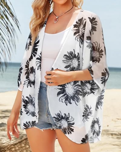 CHICGAL Women Daisy Kimono Cardigan Sheer Beach Coverup Chiffon Loose Casual Open Front Tops (Dasiy WhiteM) - Image 4