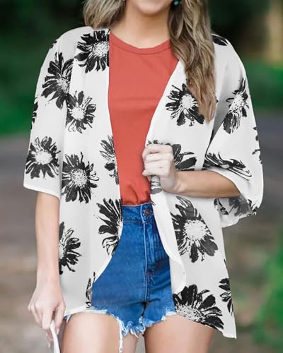 CHICGAL Women Daisy Kimono Cardigan Sheer Beach Coverup Chiffon Loose Casual Open Front Tops (Dasiy WhiteM) - Image 2