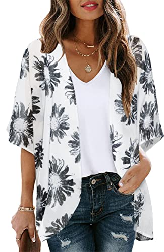 CHICGAL Women Daisy Kimono Cardigan Sheer Beach Coverup Chiffon Loose Casual Open Front Tops (Dasiy WhiteM) - Image 1