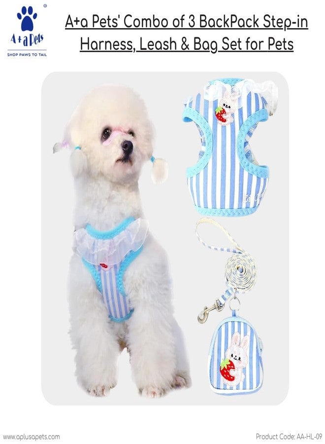 A+a Pets' Combo of 3-in-1 Backpack, Harness & Leash Set for Dogs, Puppies & Cats - Soft Breathable Cotton Cute Checks Design (Sky Blue, M, Stripes) - Image 2