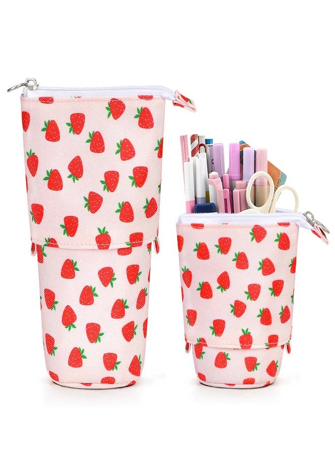 KPX Cute Standing Pencil Case Pen Holder for Kids, Pop Up Stand UP Bubble Tea Pen Organizer Kawaii Stationary for Christmas Holiday New Year Office (Strawberry) - Image 1
