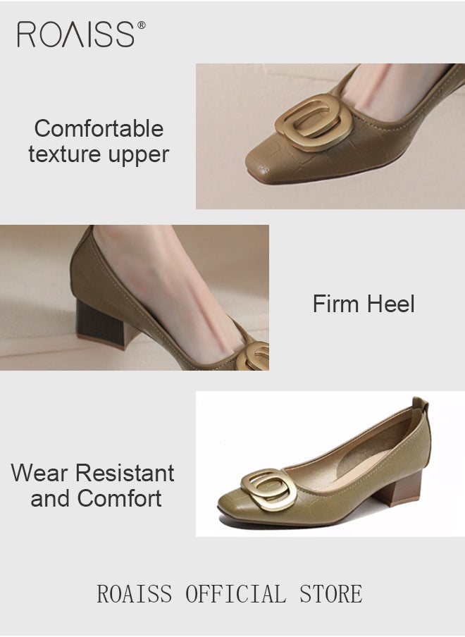 roaiss - Slip On Genuine Leather Single Shoes for Women Temperament Square Toe Chunky Heel Low Cut Shoes with Metal Buckle Decoaration Lightweight and Versatile Athlesiure Shoes - Image 1