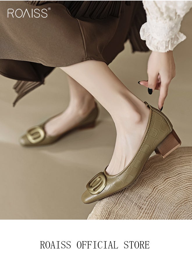 roaiss - Slip On Genuine Leather Single Shoes for Women Temperament Square Toe Chunky Heel Low Cut Shoes with Metal Buckle Decoaration Lightweight and Versatile Athlesiure Shoes - Image 1