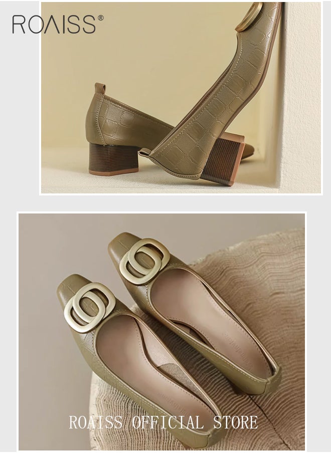 roaiss - Slip On Genuine Leather Single Shoes for Women Temperament Square Toe Chunky Heel Low Cut Shoes with Metal Buckle Decoaration Lightweight and Versatile Athlesiure Shoes - Image 1