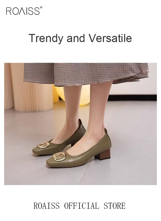 roaiss - Slip On Genuine Leather Single Shoes for Women Temperament Square Toe Chunky Heel Low Cut Shoes with Metal Buckle Decoaration Lightweight and Versatile Athlesiure Shoes - Image 1