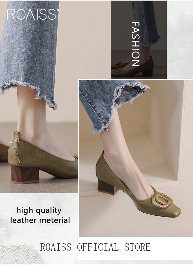 roaiss - Slip On Genuine Leather Single Shoes for Women Temperament Square Toe Chunky Heel Low Cut Shoes with Metal Buckle Decoaration Lightweight and Versatile Athlesiure Shoes - Image 1