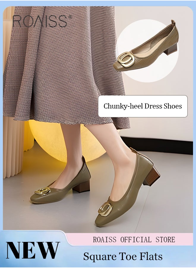 roaiss - Slip On Genuine Leather Single Shoes for Women Temperament Square Toe Chunky Heel Low Cut Shoes with Metal Buckle Decoaration Lightweight and Versatile Athlesiure Shoes - Image 1