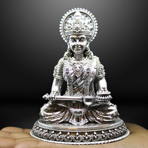 NEEANN Goddess Annapurna Statue 4.5" Material Polystone Nourishment & Abundance Annapurneshwari Murti Painted Brass & Antique Silver Look Home Office Temple Annada Annapoorna Parvati (Antique Silver) - Image 2