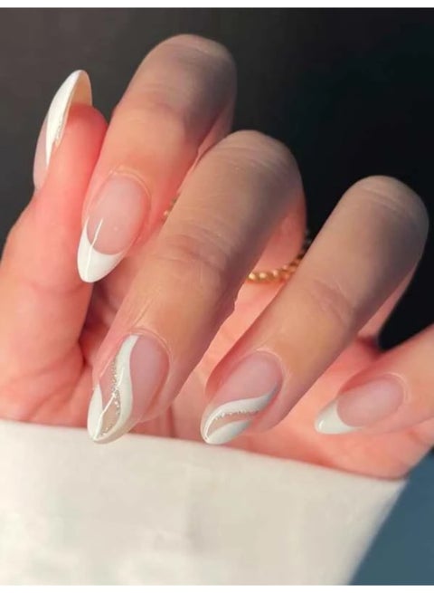 أظافر تركيب بتصميم موجات بيضاء فنية – كلاسيكية بشكل لوزي متوسط بلون صلب لامع، طقم 24 قطعة أنيق، أظافر أكريليك صناعية مع مجموعة لاصق عصرية