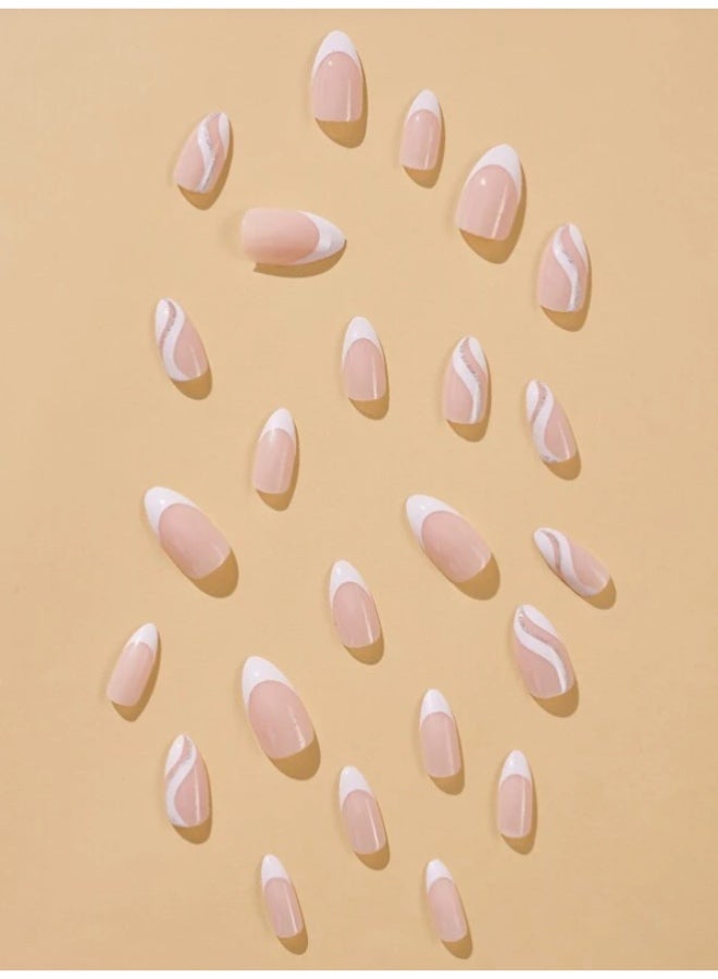 Suerte Press On Nails White wave nail art classic Medium Almond Solid Color Glossy 24pcs, stylish whitewaves, Fake acrylic nails with glue kit Trendy - Image 4