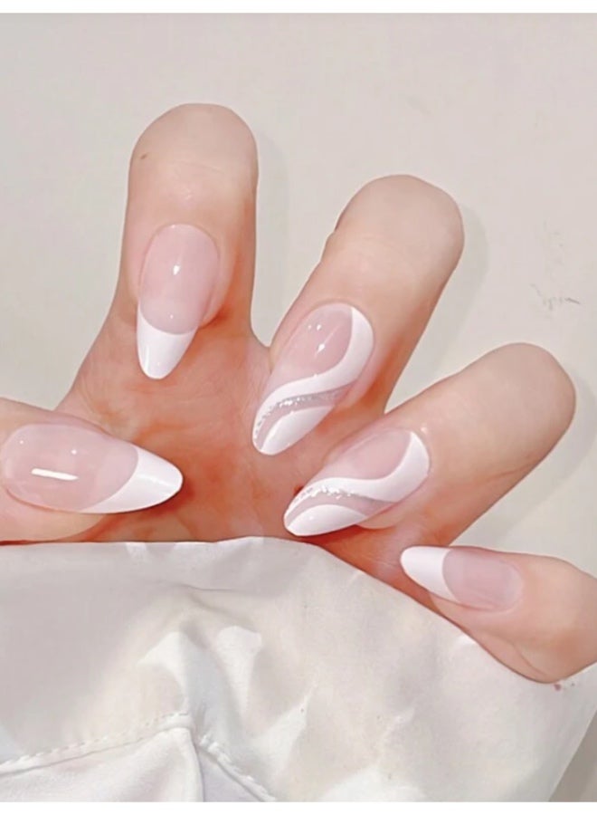 Suerte Press On Nails White wave nail art classic Medium Almond Solid Color Glossy 24pcs, stylish whitewaves, Fake acrylic nails with glue kit Trendy - Image 2