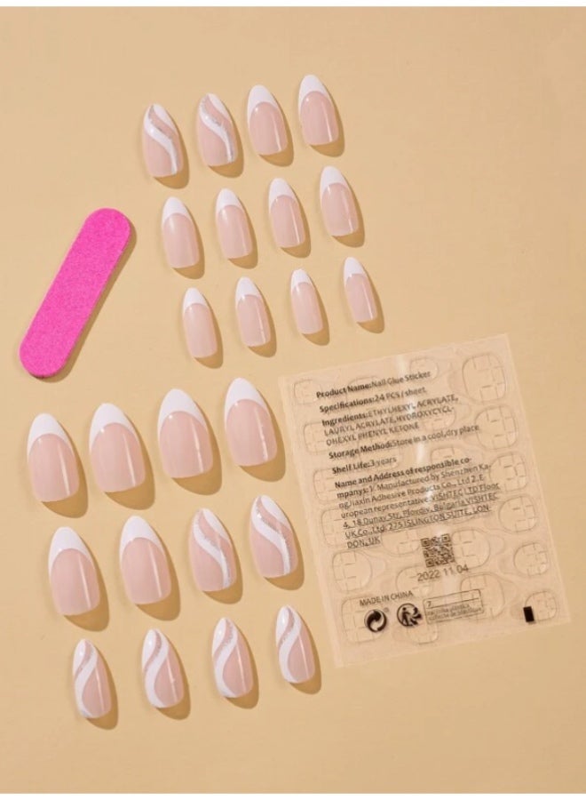 Suerte Press On Nails White wave nail art classic Medium Almond Solid Color Glossy 24pcs, stylish whitewaves, Fake acrylic nails with glue kit Trendy - Image 3