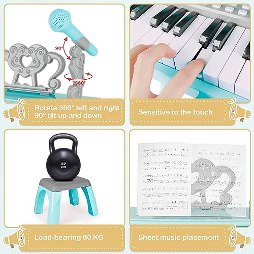deAO Toddler Piano for Girls 36 Years 25 Key Baby Piano Keyboard with Stool Microphone22 Songs Educational Musical Toy Birthday Christmas Girls Gifts Blue - Image 5
