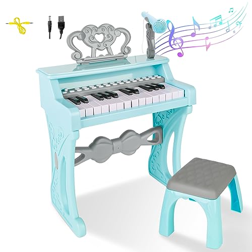 deAO Toddler Piano for Girls 36 Years 25 Key Baby Piano Keyboard with Stool Microphone22 Songs Educational Musical Toy Birthday Christmas Girls Gifts Blue - Image 1