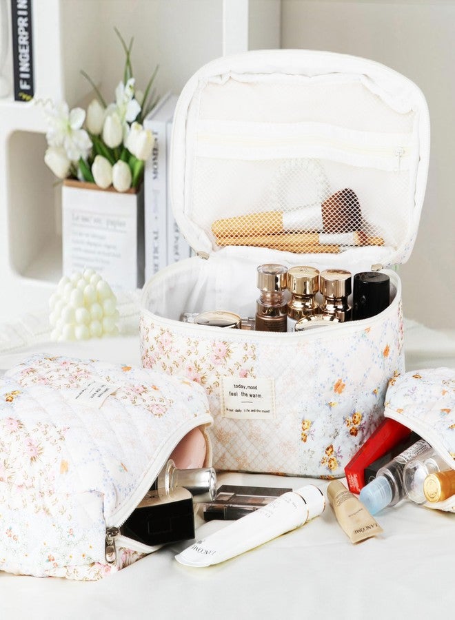 TESAFNG Quilted Makeup Bag Set - 3 PCS Cute Floral Cotton Makeup Bag, Large Coquette Aesthetic Make up Cosmetic Bag, Flower Travel Toiletry Organizer Bags for Women Girls, Bee Floral, Floral - Image 5