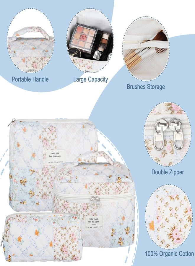 TESAFNG Quilted Makeup Bag Set - 3 PCS Cute Floral Cotton Makeup Bag, Large Coquette Aesthetic Make up Cosmetic Bag, Flower Travel Toiletry Organizer Bags for Women Girls, Bee Floral, Floral - Image 3