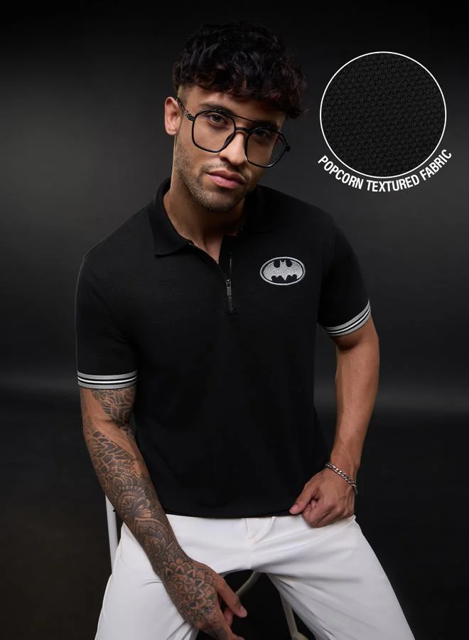Men Black Embroidered Batman Polo T-Shirt with Zip Closure