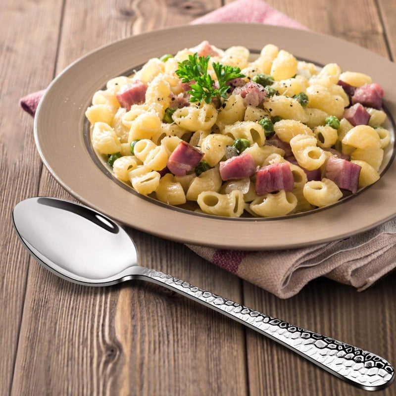E-far 12-Piece Stainless Steel Hammered Dinner Spoons Set, Modern Silver Large Soup Spoons for Home, Kitchen, Restaurant, Round Edge & Mirror Polished, Dishwasher Safe - 7.9 Inches - Image 4