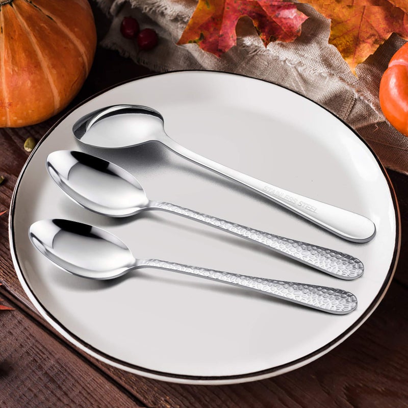 E-far 12-Piece Stainless Steel Hammered Dinner Spoons Set, Modern Silver Large Soup Spoons for Home, Kitchen, Restaurant, Round Edge & Mirror Polished, Dishwasher Safe - 7.9 Inches - Image 3