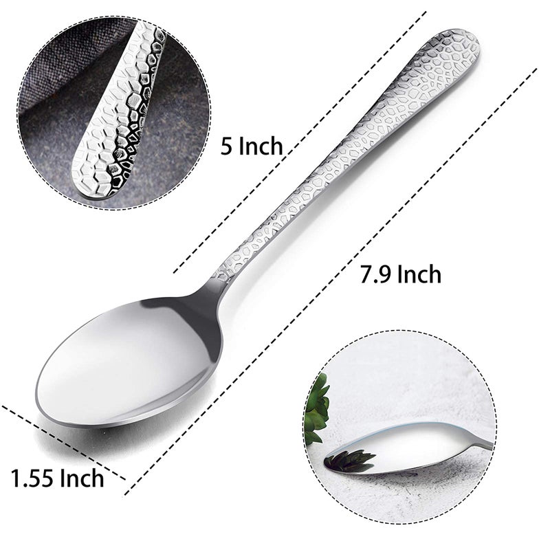 E-far 12-Piece Stainless Steel Hammered Dinner Spoons Set, Modern Silver Large Soup Spoons for Home, Kitchen, Restaurant, Round Edge & Mirror Polished, Dishwasher Safe - 7.9 Inches - Image 2
