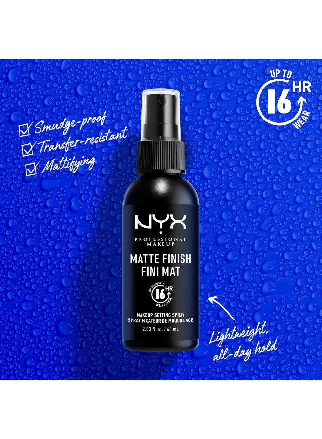 NYX PROFESSIONAL MAKEUP NYX Matte Finish Fini Mat 16HR Makeup Setting Spray is a lightweight setting spray designed to keep your makeup looking fresh and matte for up to 16 hours. Its fine mist helps control shine and sets makeup in place without leaving a sticky or heavy residue. Perfect for long-lasting wear, it ensures a smooth, shine-free finish throughout the day. - Image 2