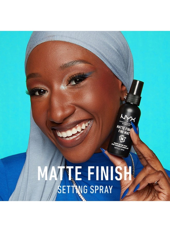 NYX PROFESSIONAL MAKEUP NYX Matte Finish Fini Mat 16HR Makeup Setting Spray is a lightweight setting spray designed to keep your makeup looking fresh and matte for up to 16 hours. Its fine mist helps control shine and sets makeup in place without leaving a sticky or heavy residue. Perfect for long-lasting wear, it ensures a smooth, shine-free finish throughout the day. - Image 5