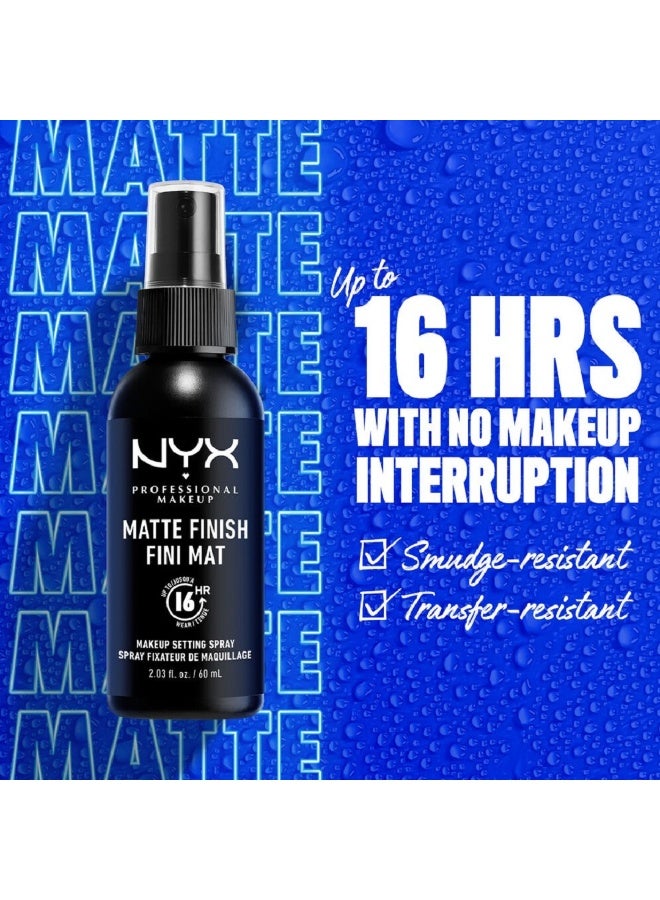 NYX PROFESSIONAL MAKEUP NYX Matte Finish Fini Mat 16HR Makeup Setting Spray is a lightweight setting spray designed to keep your makeup looking fresh and matte for up to 16 hours. Its fine mist helps control shine and sets makeup in place without leaving a sticky or heavy residue. Perfect for long-lasting wear, it ensures a smooth, shine-free finish throughout the day. - Image 4