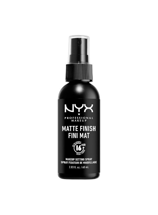 NYX PROFESSIONAL MAKEUP NYX Matte Finish Fini Mat 16HR Makeup Setting Spray is a lightweight setting spray designed to keep your makeup looking fresh and matte for up to 16 hours. Its fine mist helps control shine and sets makeup in place without leaving a sticky or heavy residue. Perfect for long-lasting wear, it ensures a smooth, shine-free finish throughout the day. - Image 1