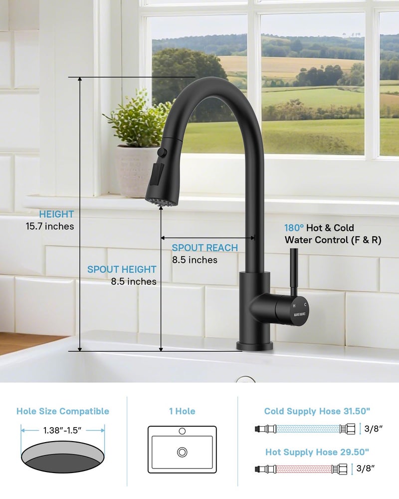 WEWE Kitchen Faucets with Pull Down Sprayer, Stainless Steel Single Handle 1 Hole for Family Kitchen Commercial Camper Laundry Rv Bar, Matte Black - Image 2