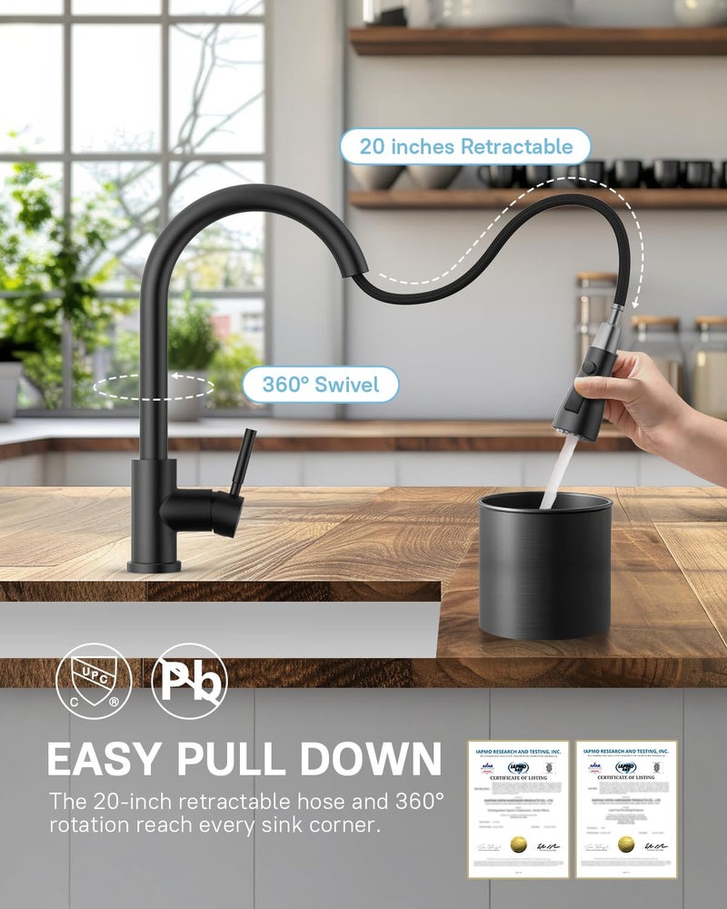 WEWE Kitchen Faucets with Pull Down Sprayer, Stainless Steel Single Handle 1 Hole for Family Kitchen Commercial Camper Laundry Rv Bar, Matte Black - Image 3