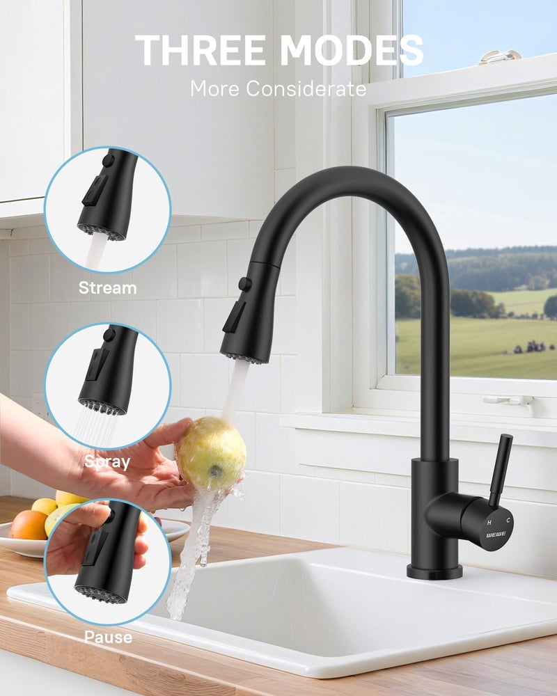 WEWE Kitchen Faucets with Pull Down Sprayer, Stainless Steel Single Handle 1 Hole for Family Kitchen Commercial Camper Laundry Rv Bar, Matte Black - Image 4