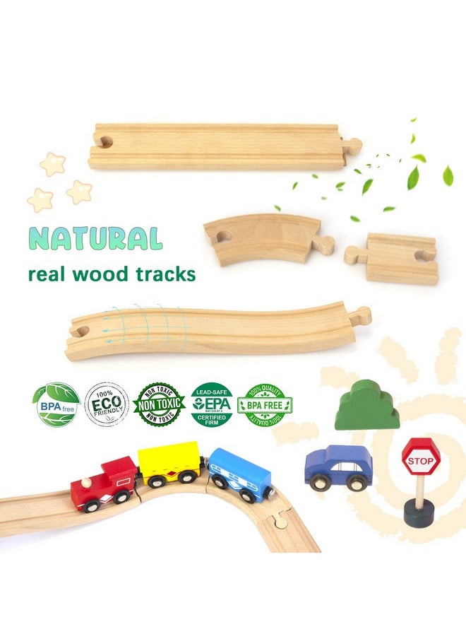 KIDS TOYLAND 60Pcs Train Set For 3 Year Old Boys Doubleside Wooden Train Set Tracks For Toddlers Fits Brio Thomas Melissa And Doug Kids Wood Train Toys For 3 4 5 Year Old Boys And Girls (Yellow)  - Image 3