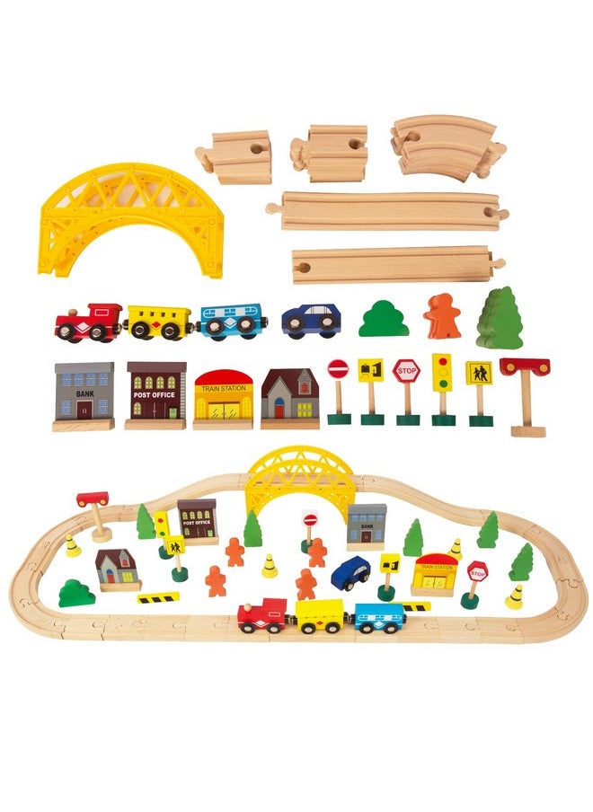 KIDS TOYLAND 60Pcs Train Set For 3 Year Old Boys Doubleside Wooden Train Set Tracks For Toddlers Fits Brio Thomas Melissa And Doug Kids Wood Train Toys For 3 4 5 Year Old Boys And Girls (Yellow)  - Image 1