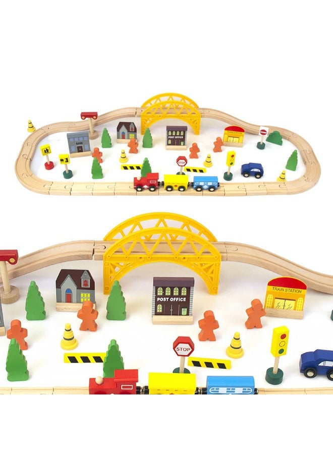 KIDS TOYLAND 60Pcs Train Set For 3 Year Old Boys Doubleside Wooden Train Set Tracks For Toddlers Fits Brio Thomas Melissa And Doug Kids Wood Train Toys For 3 4 5 Year Old Boys And Girls (Yellow)  - Image 4