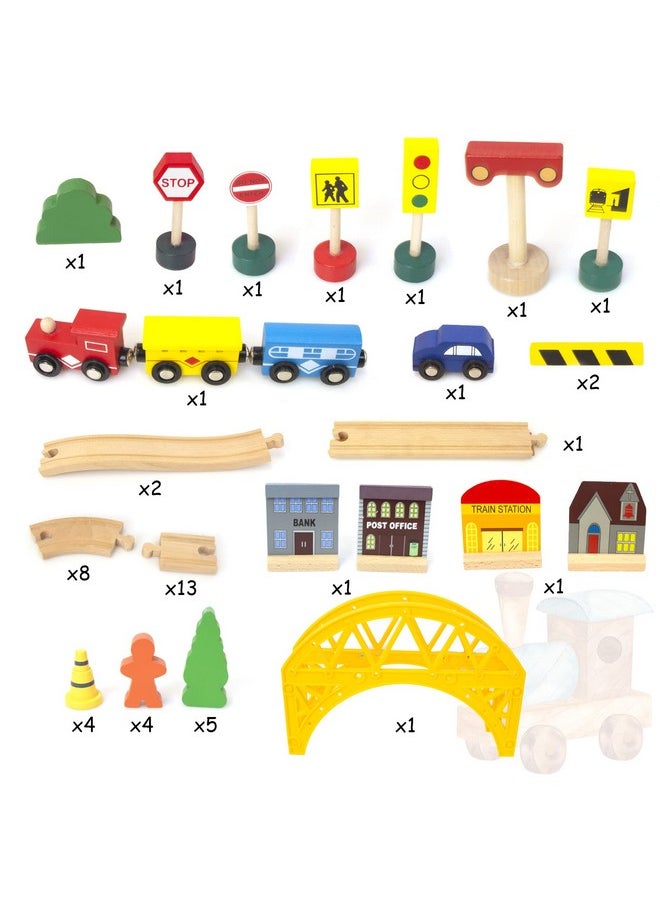 KIDS TOYLAND 60Pcs Train Set For 3 Year Old Boys Doubleside Wooden Train Set Tracks For Toddlers Fits Brio Thomas Melissa And Doug Kids Wood Train Toys For 3 4 5 Year Old Boys And Girls (Yellow)  - Image 2