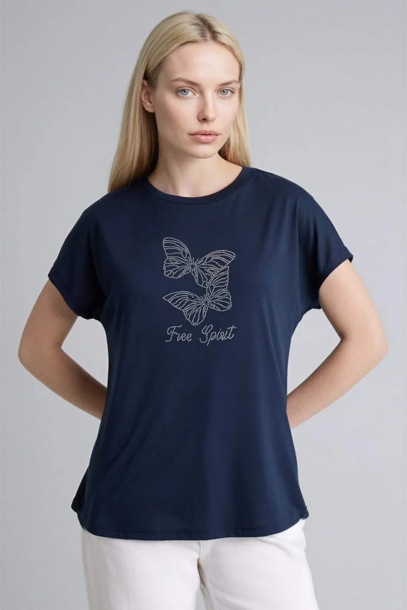 ديفاكتو Crew Neck Stone Print Short Sleeve T-Shirt