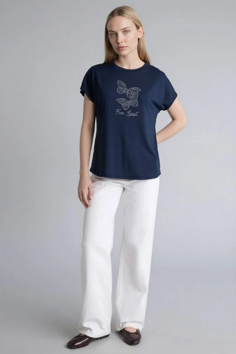 ديفاكتو Crew Neck Stone Print Short Sleeve T-Shirt